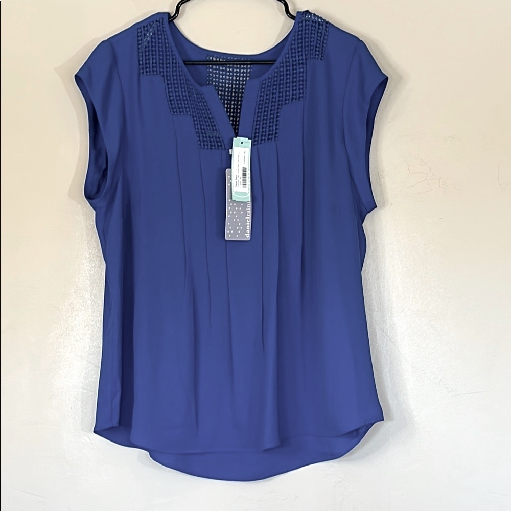 NWT Daniel Rainn Cobalt Blue Estafany Lace Detail Split Neck Blouse Sz XL